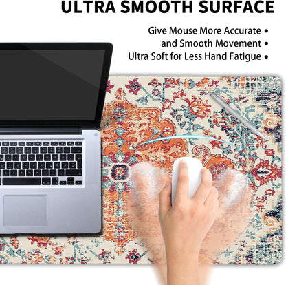 Orange Teal Boho Gaming Mouse Pad Large XL Rug Carpet Bohemian Retro Extended Large Desk Mat Big Mousepad Non-Slip Rubber Base Stitched Edge Long Desk Pad for Desktop Office PC Gamer,20x14 in,60x35cm