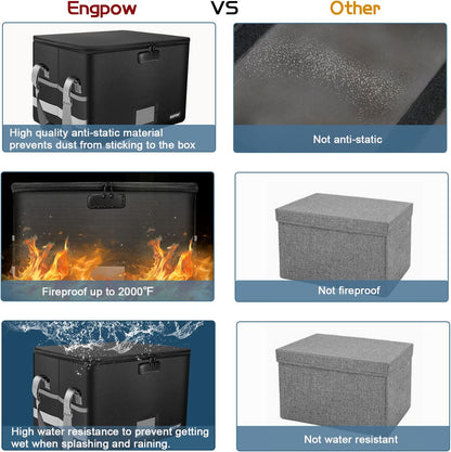 ENGPOW File Box with Lock,Fireproof Document Box with Zipper＆Pockets,Collapsible File Organizer Filing Storage Cabinet with Handle,Portable Home Office Safe for Hanging Letter/Legal Folder,Black
