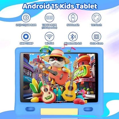 Gleeso Kids Tablet, Android 15 Tablet for Kids 10 inch Octa-Core with Case, 128GB 1TB TF Card Expandable for Toddler Children, Parental Control, Dual Camera, WiFi,Gift（Blue）