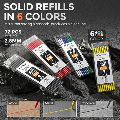 Nicpro 6 Pack CP3000 Carpenter Pencil with Sharpener, Mechanical Pencils Set with 78 Refill, Heavy Duty Construction Pencil, Carpenter Tools for Architect Marking (Red,Black,Yellow,Orange,Green,Blue)