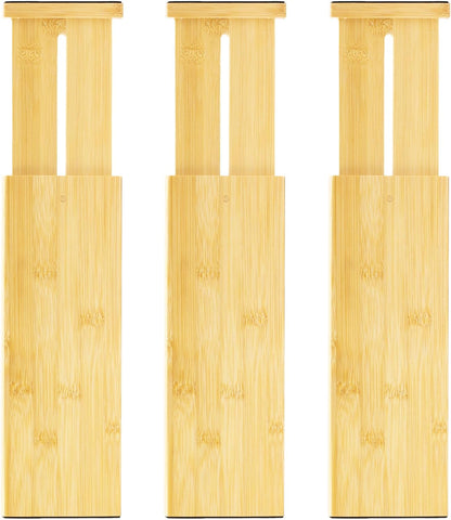 VaeFae 3 Pack Bamboo Drawer Dividers, 4" High Adjustable 11.9-17.1" Clothes Drawer Organizers, Expandable Separators for Bedroom/Bathroom/Kitchen/Office Storage