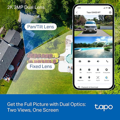 Tapo 2K Dual Lens Pan/Tilt Security Battery Camera Wiress w/Solar Panel, 165° Wide-Angle + 6mm Telephoto, Free Person/Vehicle Detection, 360° Pan, SD/Cloud Storage, Works w/Alexa & Google, C645D KIT