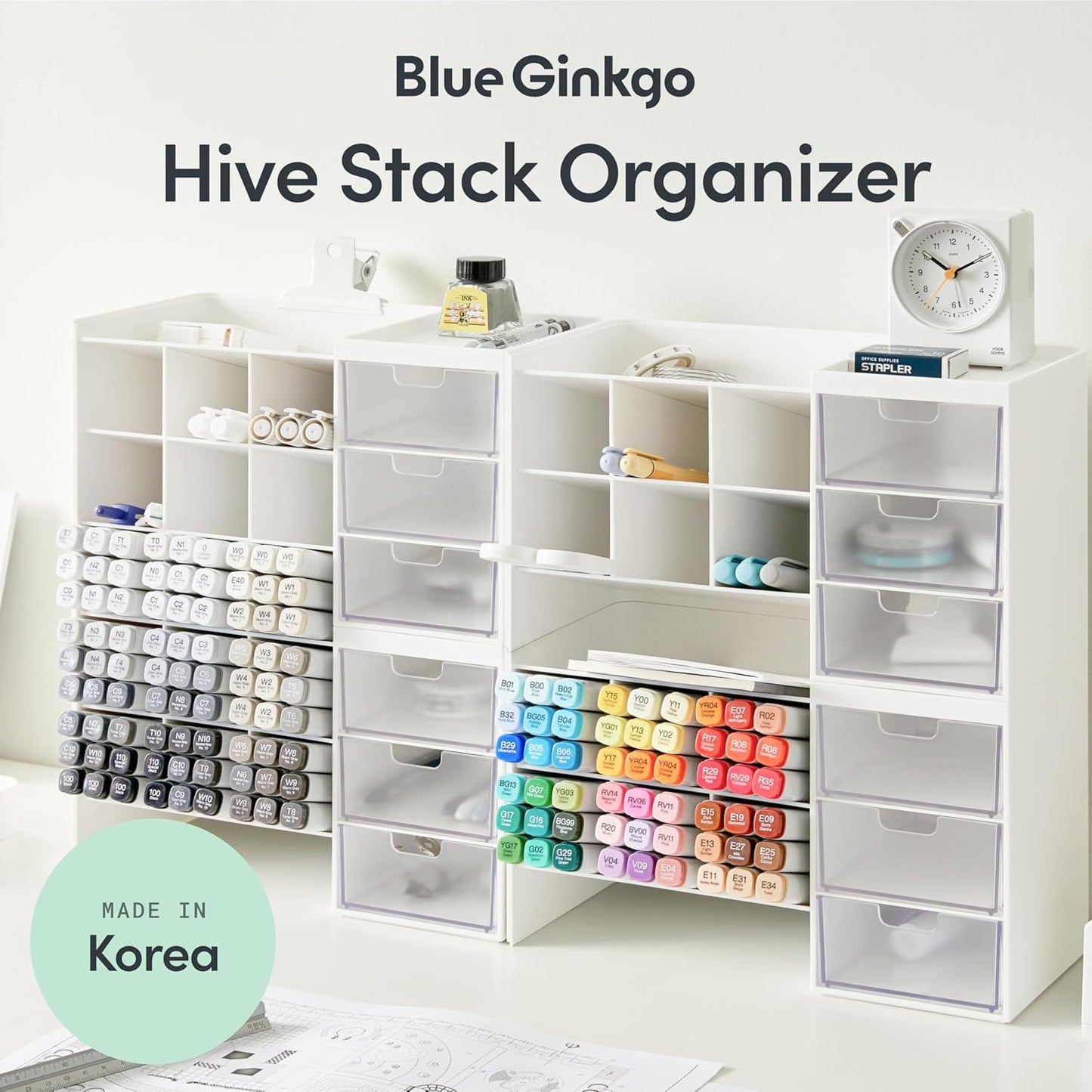 BLUE GINKGO Hive Stack Desk Organizer – Stackable Pen Holder, Stationary Organizer with Drawers - Office Storage, School Supplies, Makeup (Made in Korea, White Transperent)