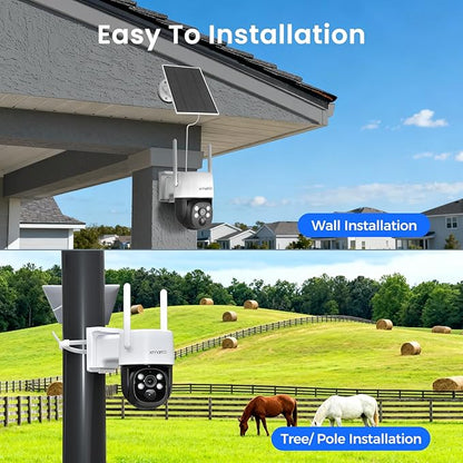 XMARTO Solar Camera Outdoor Wireless, 4 PCs QHD 4MP Wireless PTZ Security Camera System with 4K 10CH Expandable WiFi NVR, All-Weather Solar Charge, Two-Way Audio, PIR Sensor, 360° View, No Monthly Fee