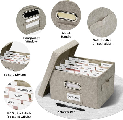 Greeting Card Storage Box, Linen Storage Box with 32 Adjustable Dividers, 168 Labels, 2 Marker Pen, Perfect for Organizing Greeting Cards, Envelopes, Photos 2 Pack Beige