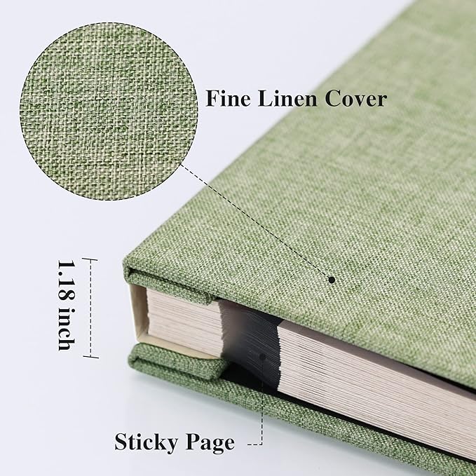Vienrose Large Photo Album Self Adhesive for 4x6 8x10 10x12 Pictures Linen Scrapbook Album DIY 60 Blank Pages with A Metallic Pen Grassgreen