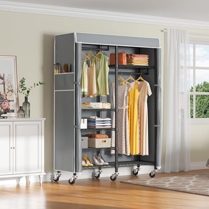 VIPEK R4C Rolling Garment Rack 6 Tiers Adjustable Heavy Duty Wire Shelving Portable Clothes Rack with Lockable Wheels, Black Metal Clothing Rack with Grey Upgraded Polyester Cover, Max Load 620lbs