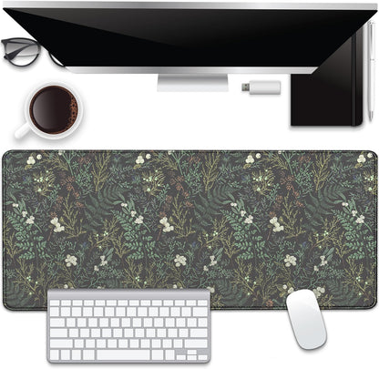 Dark Green Plant Desk Pad Mouse Pad,Vintage Green Fern Leaves Mouse Mat with Stitched Edges,Non-Slip Rubber Base Mousepad for Office PC Keyboard Laptop and Home Work Desk Mat(27.5X11.8 in)