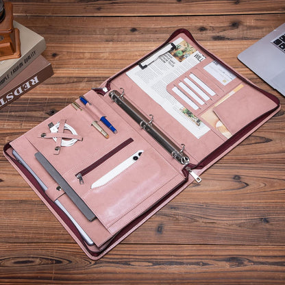 Vegan Leather Portfolio 3 Ring Binder with Clipboard, Hidden Handle, 8.5 x 11 Zippered Padfolio, Business Organizer Professional Executive Folio for Women, Pink