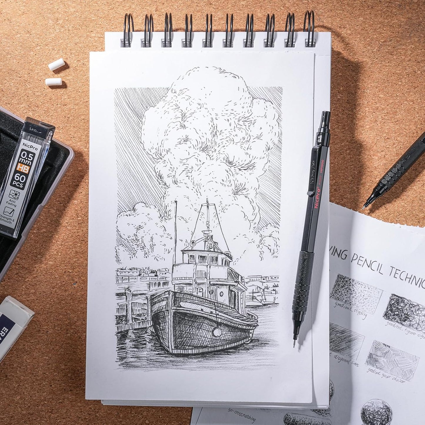 Nicpro 0.5 mm Mechanical Pencils Set with Case, 3 Metal Artist Pencil With 480PCS HB Lead Refills, 3 Erasers,9 Eraser Refills For Architect Art Writing Drafting, Drawing, Engineering, Sketching, Black