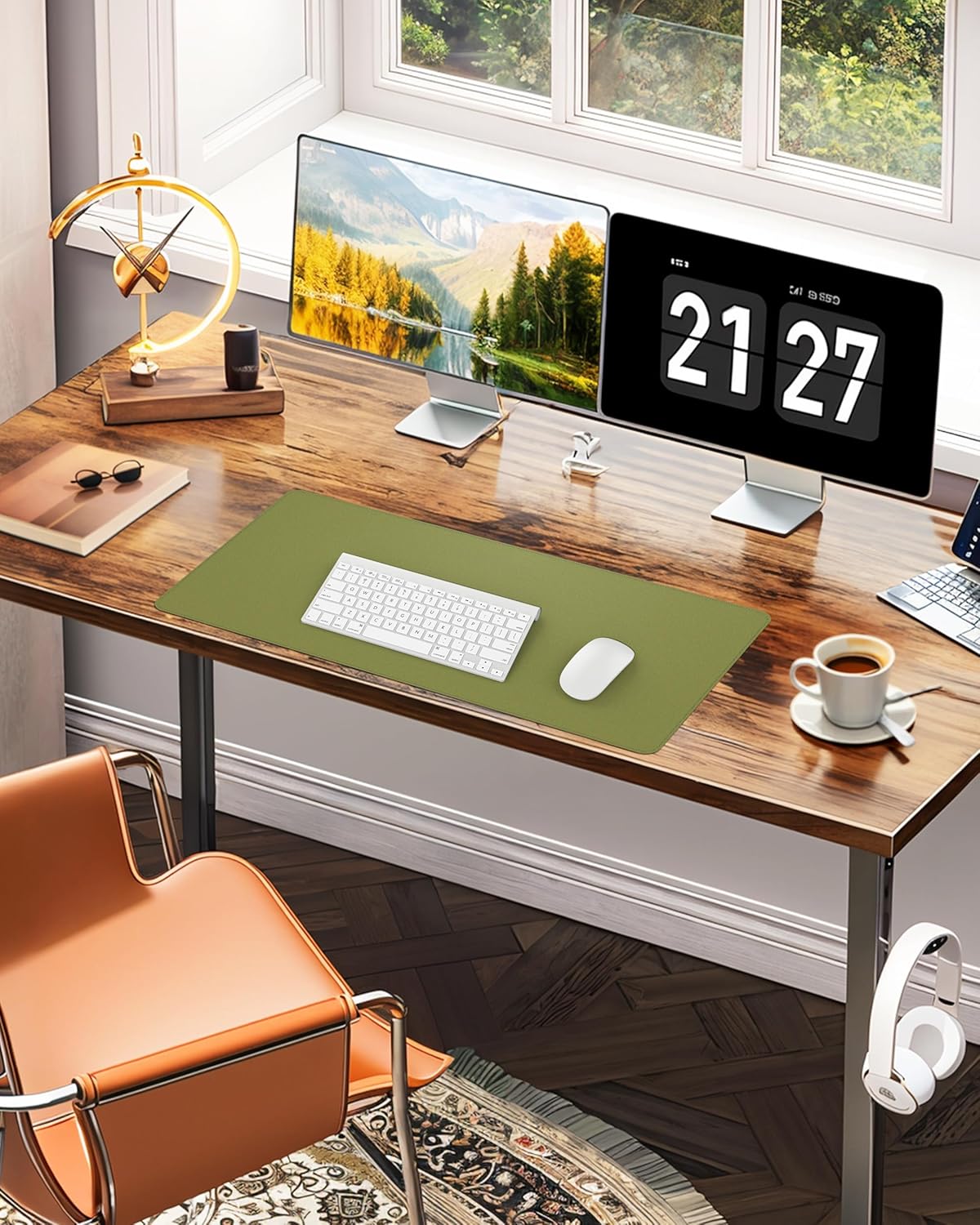 Large Desk Pad Mat - Waterproof Mouse Pad & Desk Protector, Non-Slip XL PU Leather Gaming Mat for Keyboard/Mouse, Stitched Edge with Ergonomic Support, 47"x17" (Green)