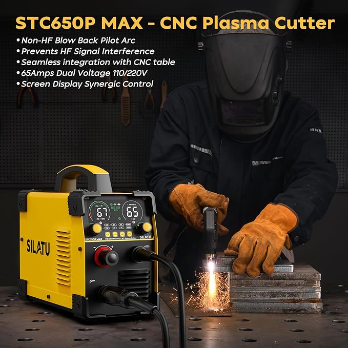 SILATU Plasma Cutter, 65Amps Non-HF Blowback Pilot Arc CNC Plasma Cutter Machine, 110/220V Dual Voltage Large LED Display Air Sensor Technology, 3/5'' Clean Cut 1'' Max Cut, PT/2T/4T for Beginners DIY