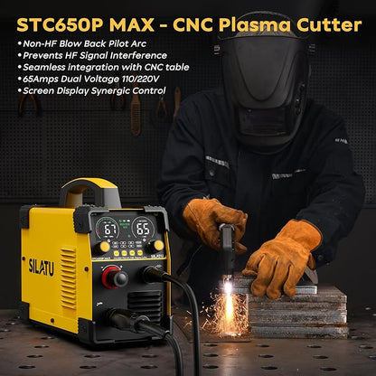 SILATU Plasma Cutter, 65Amps Non-HF Blowback Pilot Arc CNC Plasma Cutter Machine, 110/220V Dual Voltage Large LED Display Air Sensor Technology, 3/5'' Clean Cut 1'' Max Cut, PT/2T/4T for Beginners DIY