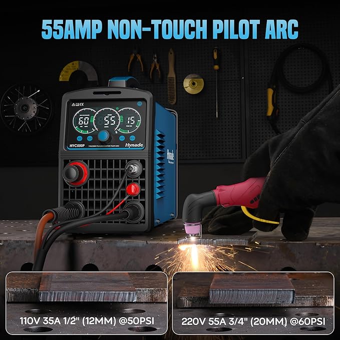 Plasma Cutter with Large LED Display, [Non-Touch Pilot Arc] [Air Sensor] hynade 55A Plasma Cutter Machine 110/220V Dual Voltage, IGBT Inverter, 1/2'' Clean Cut, 2T/4T for Beginners DIY(User Manual)