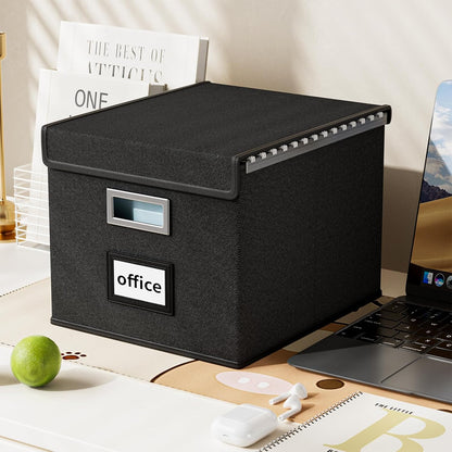 Huolewa Upgraded Portable File Organizer Box, Large Linen Hanging Office Document Storage Box with Lid - Black, Collapsible Filing & Storage Boxes for Office/Decor/Home - 14.9 x 12.59 x 10.8 inch