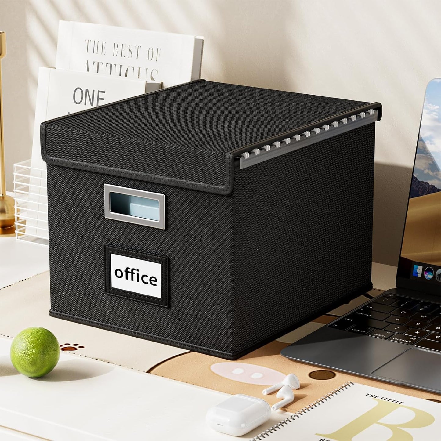 Huolewa File Organizer Boxes with Lids, Collapsible Linen Hanging Filing & Storage Boxes with Plastic Slide for Office/Decor/Home, Filling System for File/Folders/Document Storage -2 Pack