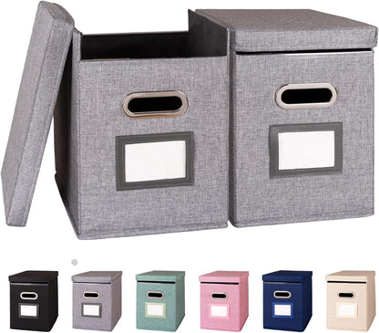 2 Pack Hanging File Folders Organizer with Lid, Letter Size Fabric File Storage Box Collapsible, Portable Office Document Holder with Metal Handle, Smooth PVC Rails, Gray