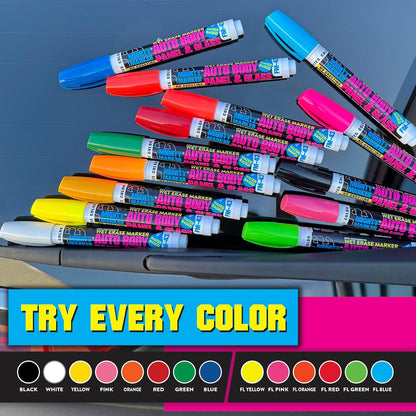 FM-43 Auto Body and Glass Paint Marker, No-Ghost, Highly Water-Resistant, 2.3mm Bullet Tip, Valve Action, 6 Bonus Reversible Tips, Made in USA - Fl. Yellow 6 Pack