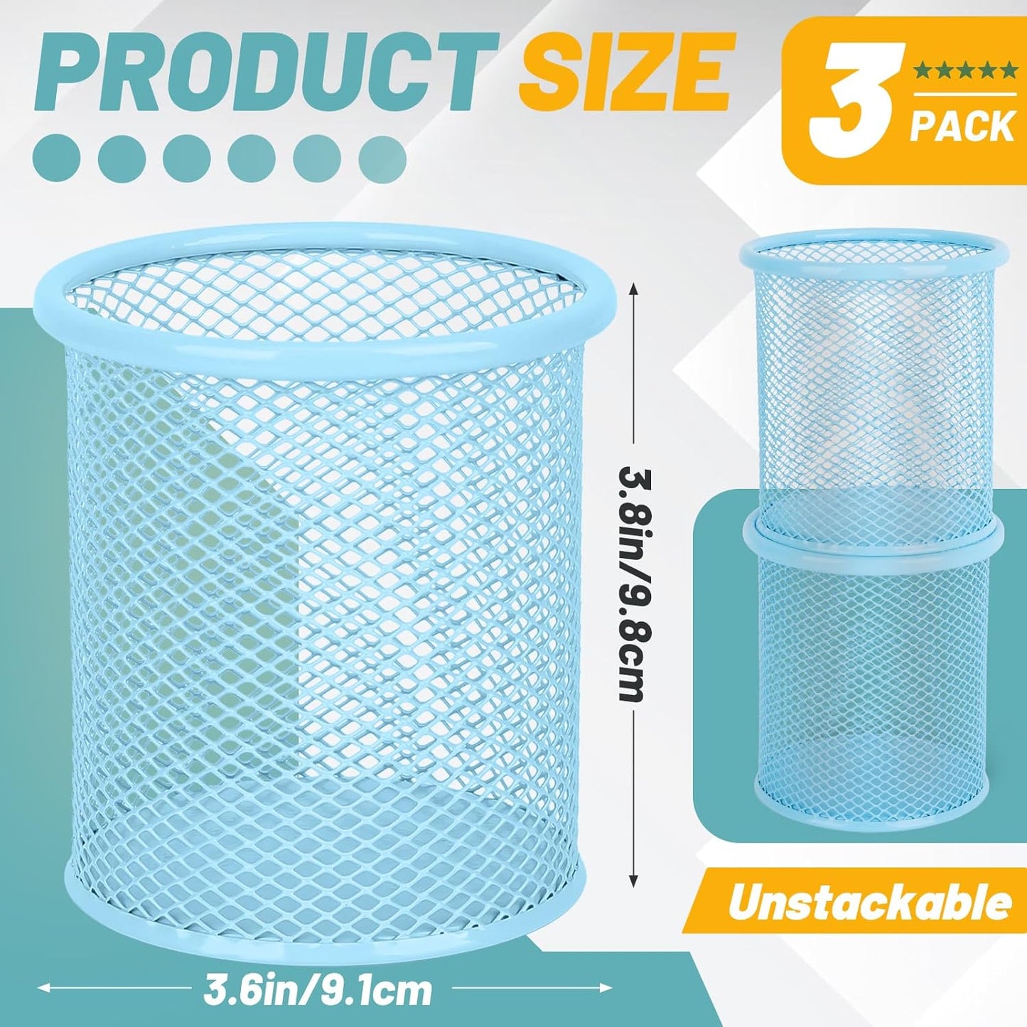 Segarty Pencil Holder, 3 Pack Light Blue Pen Holder, Pencils Cups for Desk, Round Mesh Pens Container Organizer for Office Supplies, School Classroom, Makeup Brush, Home Storage