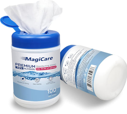 MagiCare 75% Large Alcohol Wipes (2 Canisters) - Hand Sanitizing Wipes - Hand Sanitizer Wipe, Unscented, Premium - Home, Classroom, Camping - 2, 100ct Canisters (200pcs)