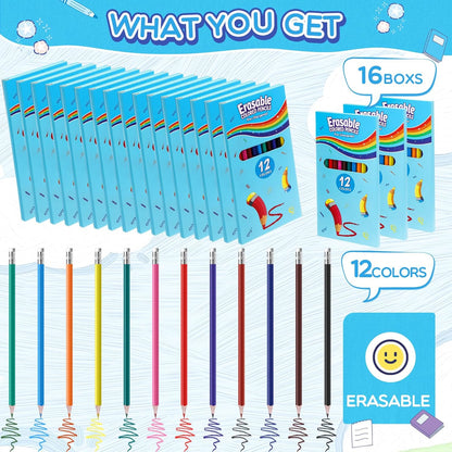 16 Sets 192 Pack Erasable Colored Pencils 12 Colors Pencils Smooth Colors with Erasers for Drawing Sketching Coloring Books Kids Adults Beginners Artists School Coloring Supplies