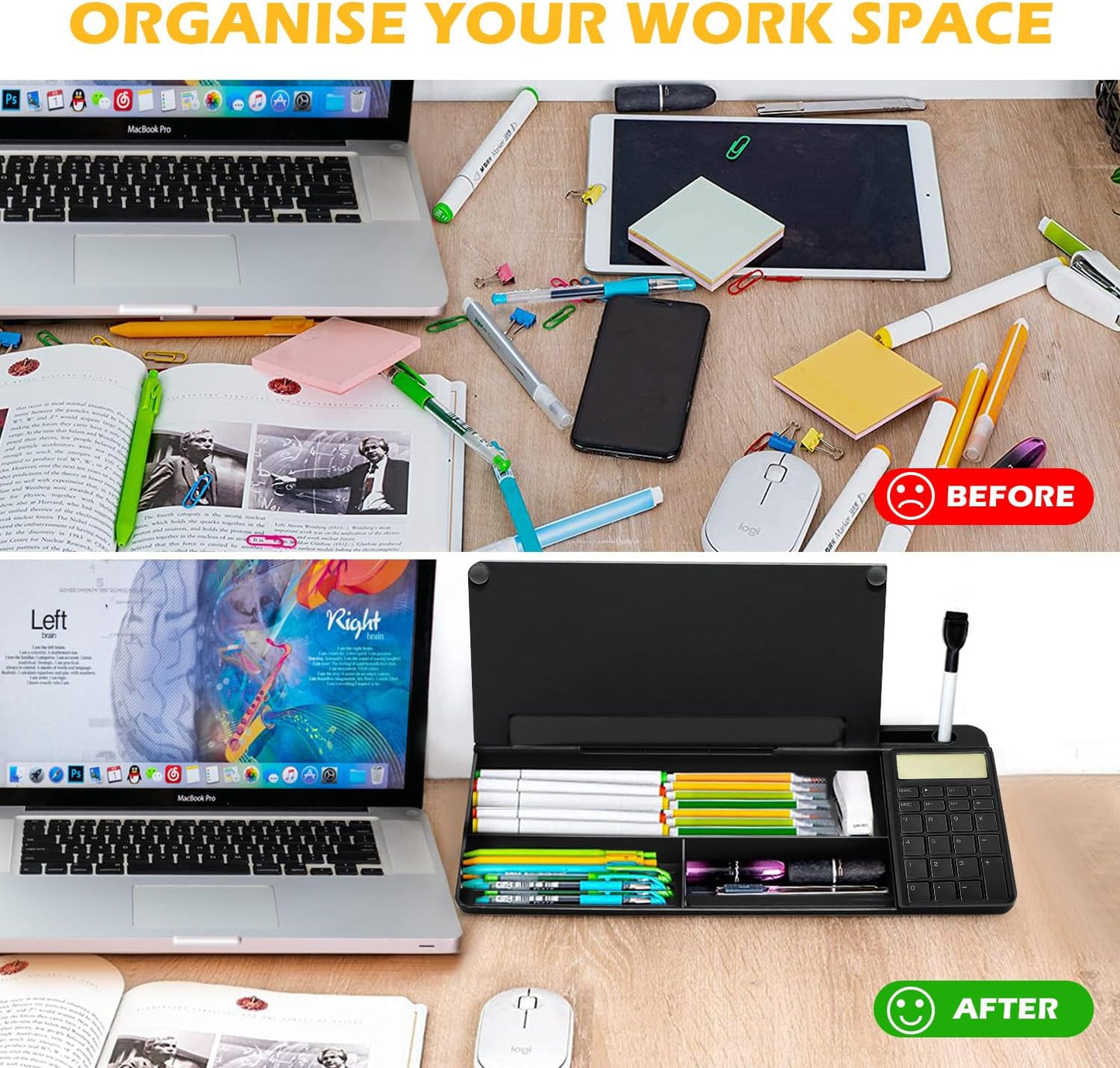 Desktop Glass Whiteboard with Calculator(12 Digit LCD Display) & Ruler Marker,Tilted Notepad Computer Keyboard Stand with Black Dry Erase Board Surface, Desk Organizers with Accessories,Black