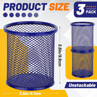 Segarty Pen Cup, 3 Pack Round Cute Dark Blue Pen Holder for Desk, Wire Mesh Pencil Holder Container Set, Desktop Organizer for Office Supplies, Maker, School, Home Storage, Makeup Brush