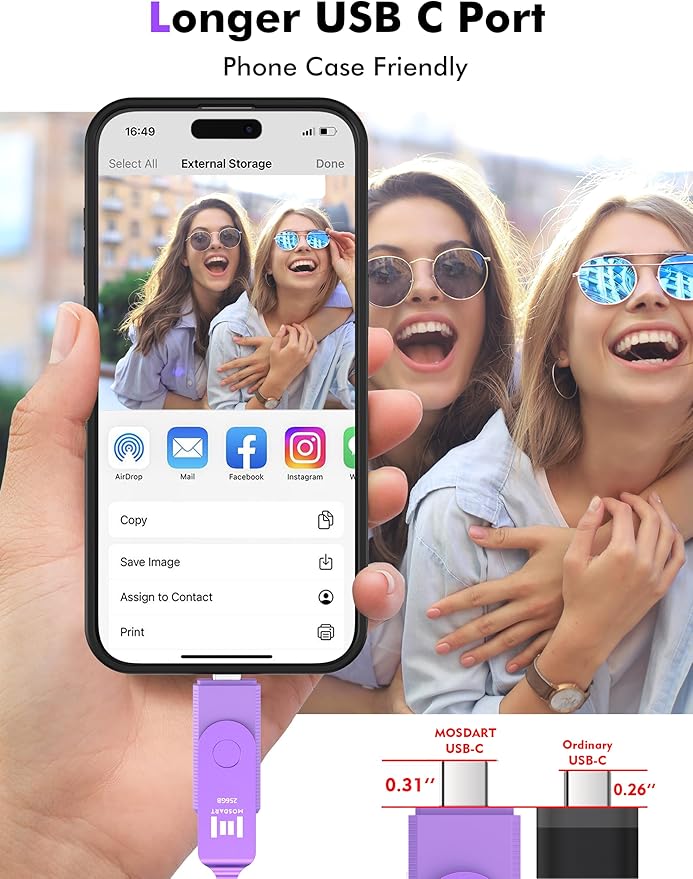 MOSDART 256GB USB3.1 Fast Speed C and A Dual Flash Drive, exFAT Memory Stick with Keychain and LED Indicator, for iPhone 15,16,17, Android Phone, iPad, MacBook, and Other Laptops, Purple