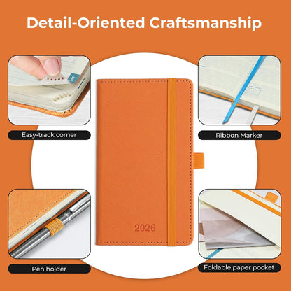 Weekly Monthly 2026 Planner (Jan.26-Dec.26),6.5"x3.75",12 Months Agenda Plan with Month Tabs & Pocket,Expenses/Note Pages, Appointment Book Calendar with Hardcover Vegan Leather Cover,Orange