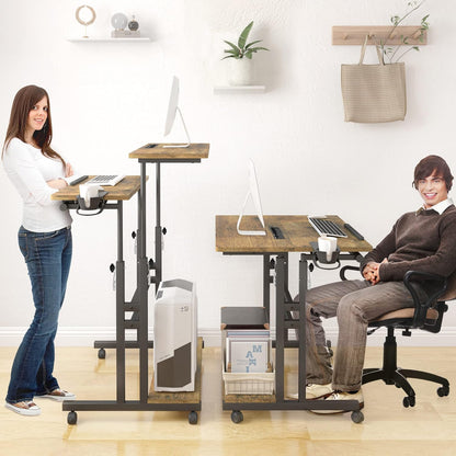 Mobile Standing Desk, Adjustable Rolling Computer Desk with 3 Desktops, Portable Laptop Table with Cup Holder, Home Office Laptop Workstation on Lockable Wheels, Black, Rustic Brown