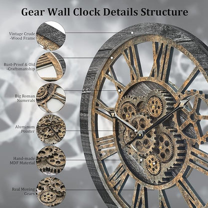 Large Wall Clock, Wall Clocks for Living Room Decor 20 Inch Farmhouse Vintage Rustic Kitchen Wall Decor Vintage Roman Oversized Wall Clock for Home Bedroom House Office, Moving Gears Clock
