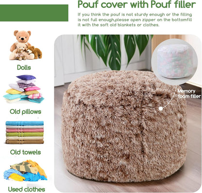 HIGOGOGO Round Stuffed Pouf Ottoman, Long Faux Fur Poufs with Foam Chunk Filling, Fluffy and Furry Pouf Foot Stool Storage Ottoman, 26 X 18 Floor Poufs Foot Rest for Living Room,Coffee