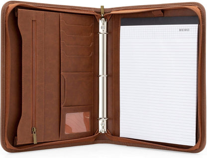 Portfolio Organizer - 3 Ring Binder with Notepad - 1.5 Inch Rings - Zippered Storage Pockets for Papers, Travel Documents, Presentation Folder, Cards, Passport, Tickets - Brown