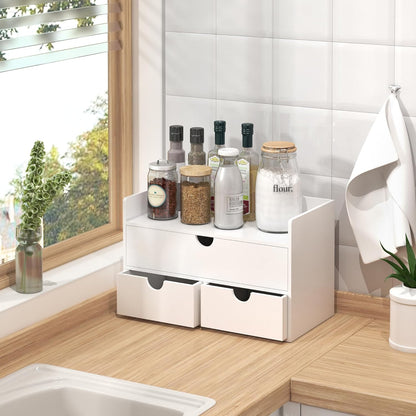 Bamboo Desk Organizer with Drawers Desktop Storage Drawers for Bills Office Supplies Kitchen Utensils Organizing Tool for Home Classroom Organization No Assembly (White with Shelf)