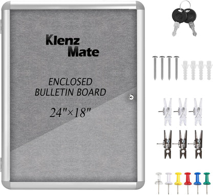24"x18" Enclosed Bulletin Board Tamper-Proof Dispaly Case,Grey Fabric&Aluminium Frame,Shatter Resistant Lockable Bulletin Board with Clear Acrylic Door for School,Office,Mall,Community,Hospital,Church