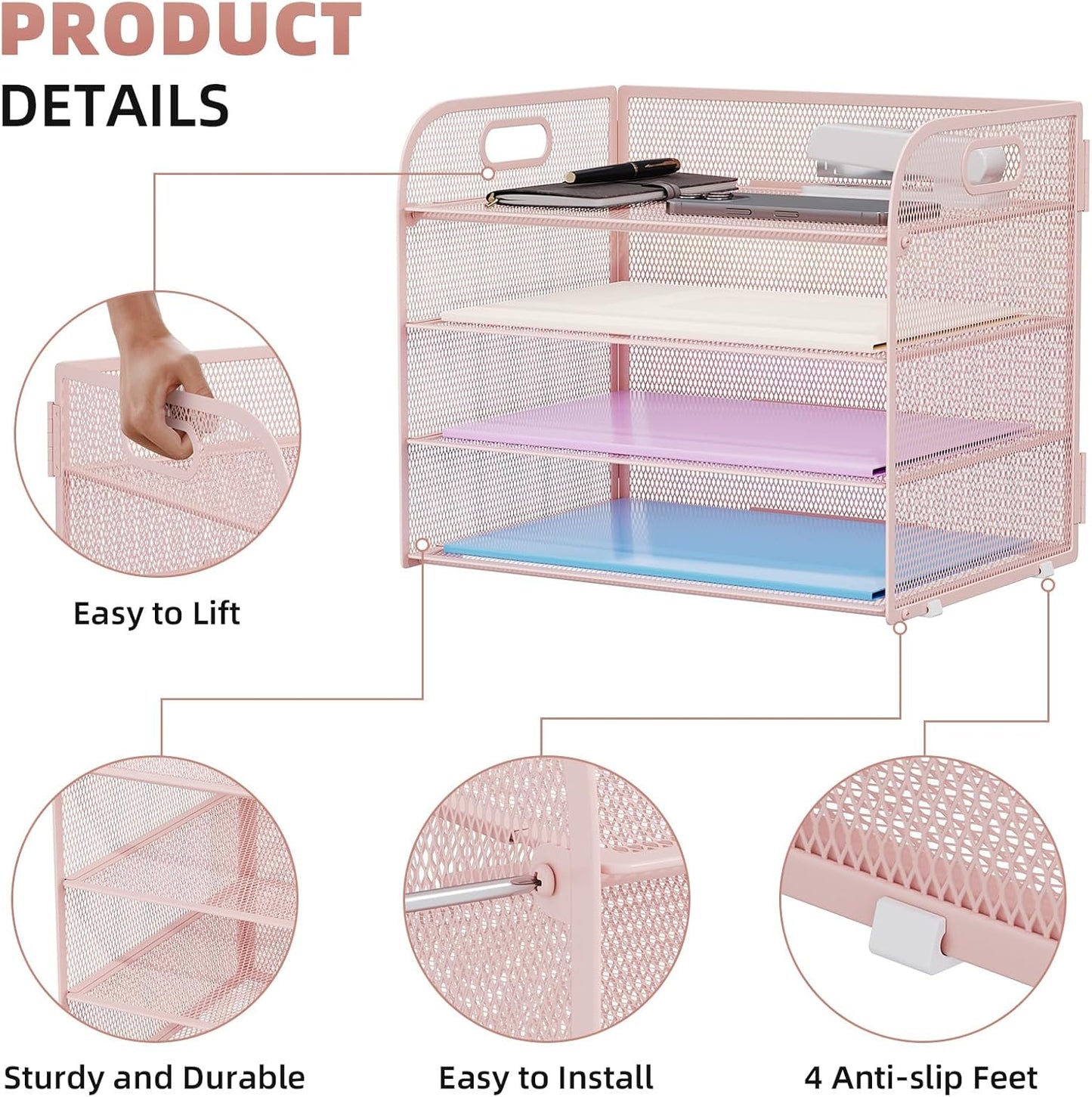Marbrasse 4 Tier Paper Organizer Letter Tray - Mesh Desk File Organizer with Handle, Paper Sorter Organizer for Letter/A4 Office File Folder Holder (Pink, 12.6" x 9.1" x 10.7")