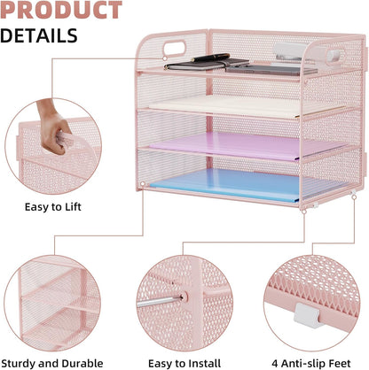 Marbrasse 4 Tier Paper Organizer Letter Tray - Mesh Desk File Organizer with Handle, Paper Sorter Organizer for Letter/A4 Office File Folder Holder (Pink, 12.6" x 9.1" x 10.7")