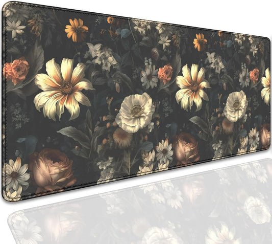Black Background Flowers Desk Pad Mouse Pad,Large Floral Mouse Mat with Stitched Edges,Non-Slip Rubber Base Elegant Mousepad for Office PC Keyboard Laptop and Home Work Desk Mat(27.5X11.8 in)