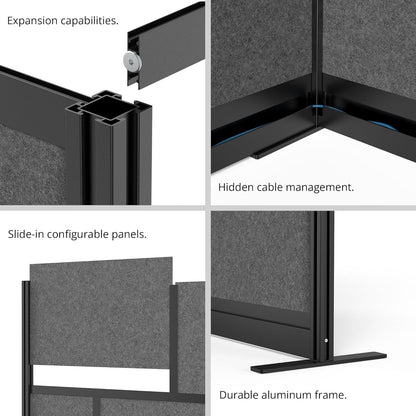 Stand Up Desk Store Workflow Wide Modular Wall | 53'' x 70'' Wall | Expandable Partition Room Divider with Rearrangeable Frosted Acrylic, Sound Absorbent and Whiteboard Panels (Black Frame)