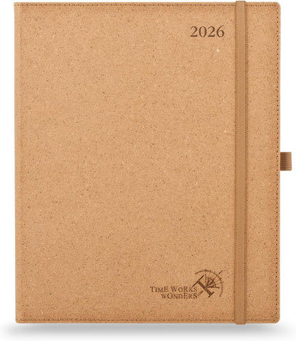 POPRUN 2026 Planner - 2026 Recycled Weekly Planner[8.5''x 10.5''- Italian Regenrated Leather Hard Cover] with Hourly Schedule & Vertical Weekly Layout, Monthly Tabs, Inner Pocket - Desert Brown