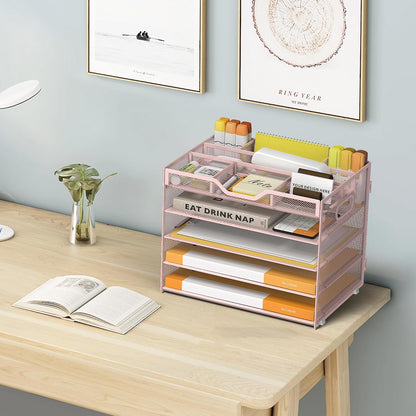 5 Tier Paper Letter Tray with 3 Drop-in Pen Holders, Mesh Desk File Organizer with Handle, Desk Organizers and Accessories for School,Home, Office Supplies Storage-Pink