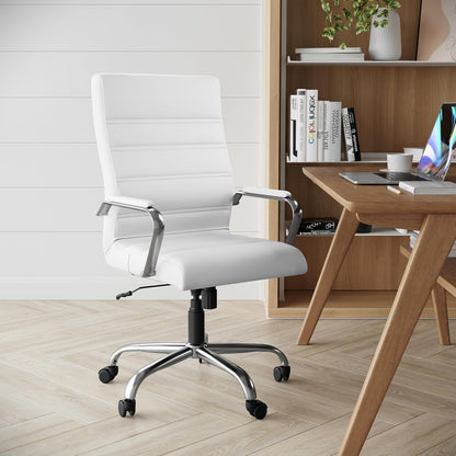 Flash Furniture Whitney High-Back Swivel LeatherSoft Desk Chair with Padded Seat and Armrests, Adjustable Height Padded Office Chair, White/Chrome