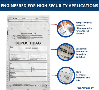 Clear Plastic Deposit Bags 10"x13" | Secure Bank Deposits, Cash Handling or Safe Currency Transportation | Sequential Barcodes | Tamper-Evident | Tear-Off Receipt for Security | 100-Pack