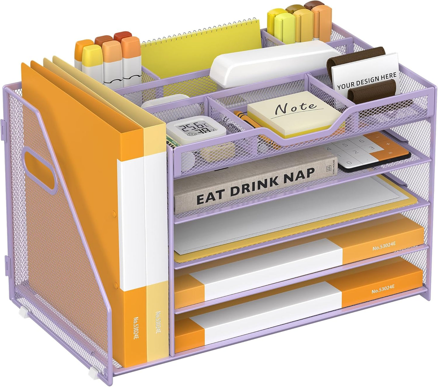 5 Tier Paper Letter Tray with File Holder and 3 Drop-in Pen Holders, Mesh Desk File Organizer with Handle, Desk Organizers and Accessories for School,Home, Office Supplies Storage-Purple