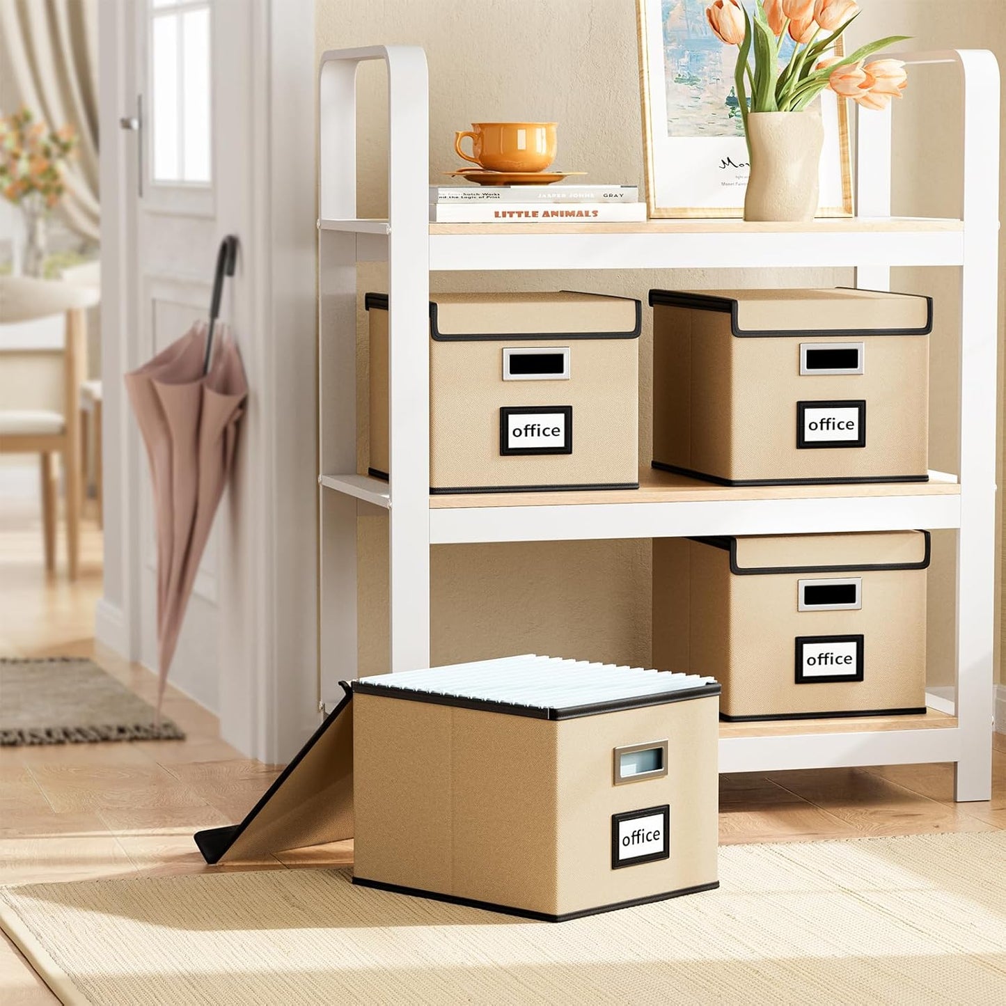 Huolewa File Organizer Box with Lid, Collapsible File Folder Organizer for Office Document Storage, Filing Box with Plastic Slide for Letter/Legal Size Hanging Files (Brown)