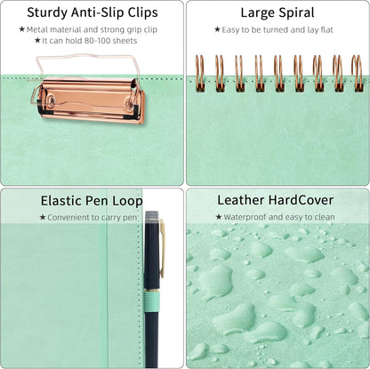 Ospelelf Leather Clipboard Folders with with Storage Zipper Pouch, Spiral Clipboard Folio with Notepad for Letter Size, 5 Folders with 10 Pockets, 39 Divider Label Stickers (Light Green)