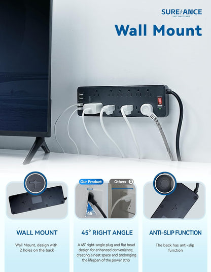 Surge Protector Power Strip - SUREANCE 12 Outlets Surge Protector Outlet Extender with 5 USB Ports, 6FT Flat Plug Extension Cord, 2100J, Mountable, Flat Plug, Heavy Duty, Widely-Spaced, ETL Listed
