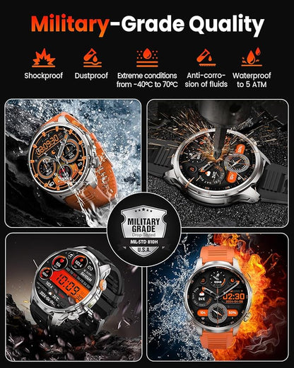 Smart Watches for Men, Military Smart Watch with 100 Days Battery/Flashlight/Heart Rate/Sleep/SpO2 Monitor/Calling/110+ Sports Mode, 5 ATM Rugged Men's Fitness Tracker Watch for Android iPhone(Silver)