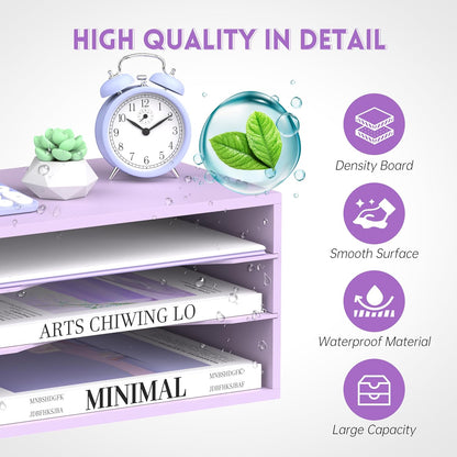 SUPEASY Wood Desk Organizer, 3 Tier Paper File Organizer for Desk, Wooden Desktop Organizer, Paper Letter Literature Mail Sorter, for Office School & Home Organization, Purple