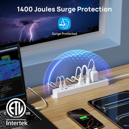 TROND Surge Protector Power Strip with USB, Ultra Thin Flat Plug 3ft Extension Cord 1625W, 3 USB A & 1 Type C, 4 AC Outlets 1440J Surge Protection ETL Listed, Wall Mount for Home Office Dorm, White